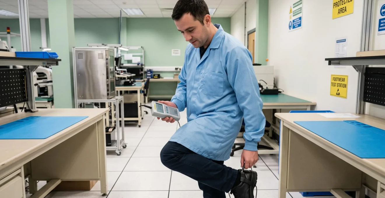 Technician using an ESD testing device to verify the resistance of ESD footwear in an electronics manufacturing facility