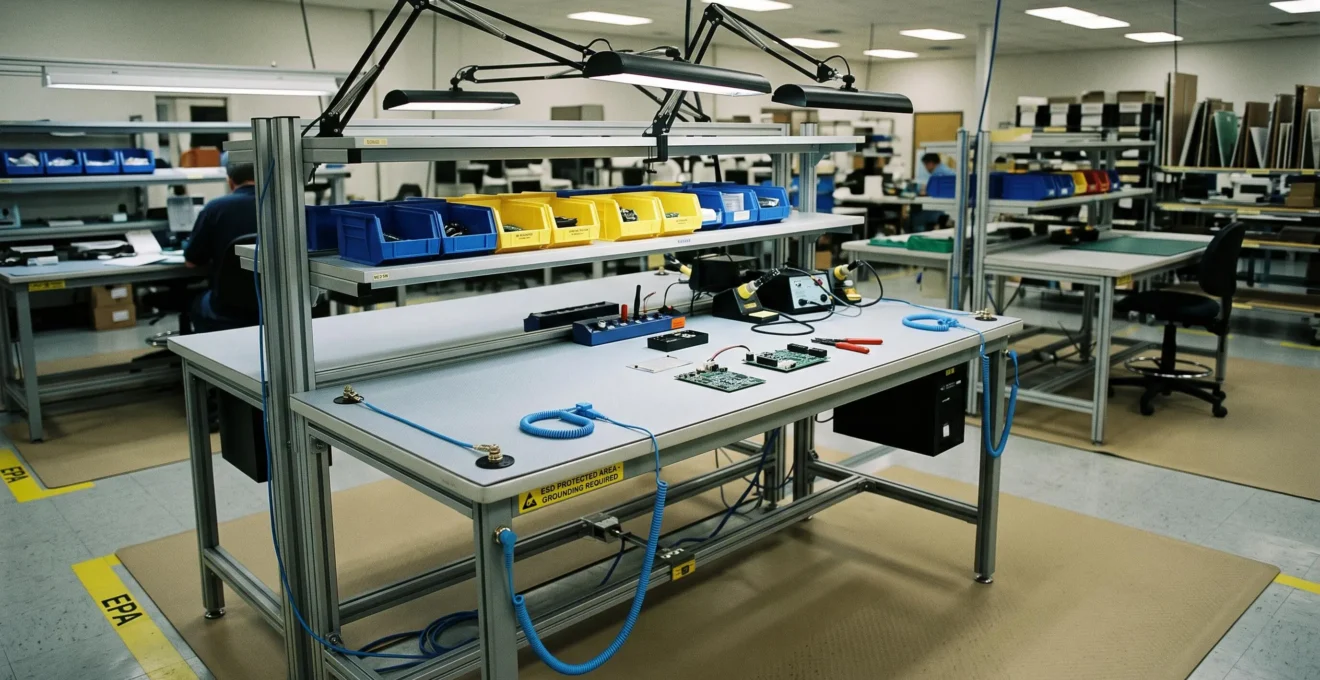 Complete ESD-protected workstation in an EPA zone showing work surface mat, grounding points, and organized assembly tools