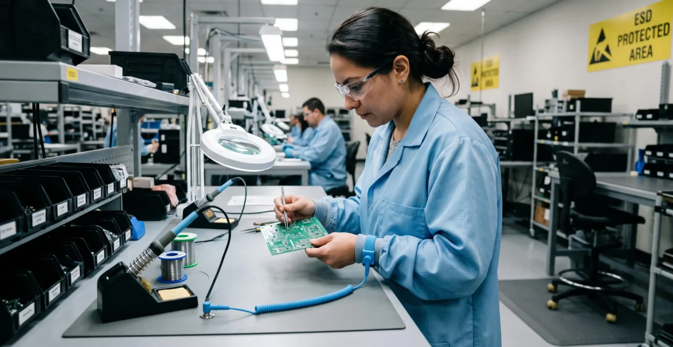 Electronics technician wearing ESD wrist strap and protective equipment while handling a circuit board at an EPA-protected workstation