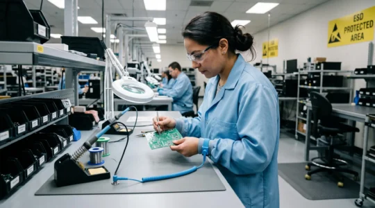 Electronics technician wearing ESD wrist strap and protective equipment while handling a circuit board at an EPA-protected workstation