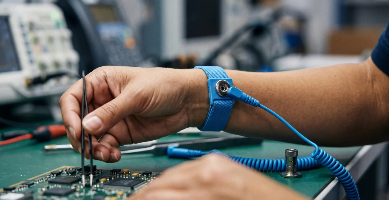 Close-up of an ESD wrist strap properly worn on a technician's wrist with grounding cord connected to workstation